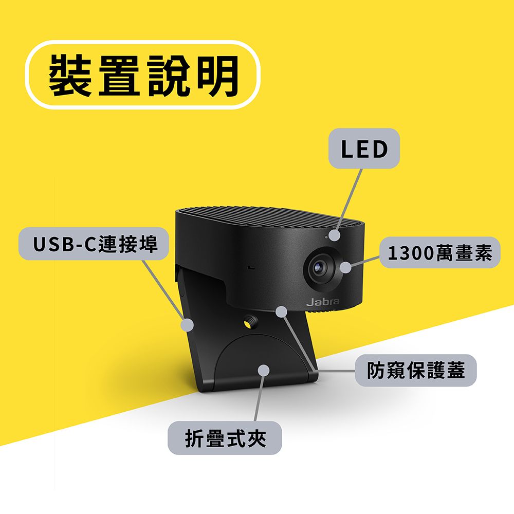 裝置說明LEDUSB-C連接埠Jabra1300萬畫素折疊式夾防窺保護蓋