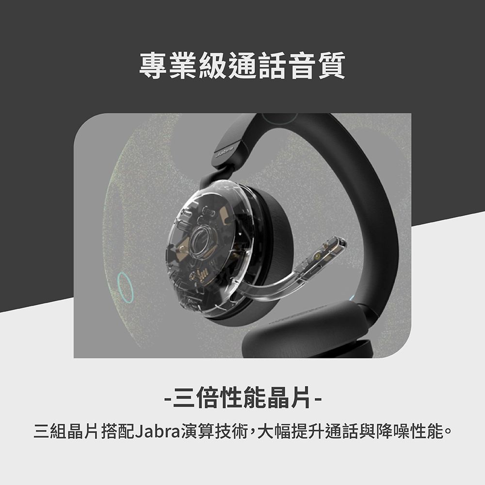 專業級通話音質-三倍性能晶片-三組晶片搭配Jabra演算技術,大幅提升通話與降噪性能。