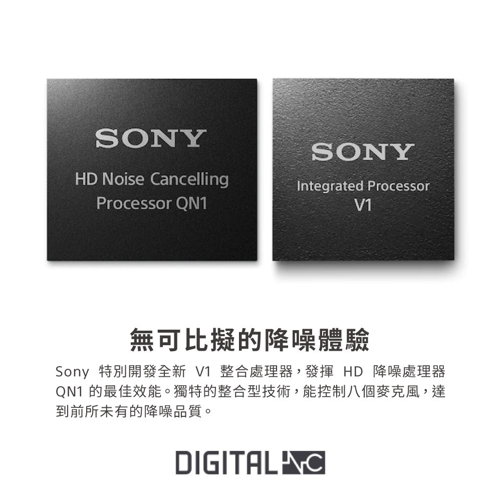 SONYHD Noise CancellingProcessor QN1SONYIntegrated Processor無可比擬的降噪體驗Sony 特別開發全新 V1 整合處理器,發揮 HD 降噪處理器QN1 的最佳效能。獨特的整合型技術,能控制八個麥克風,達到前所未有的降噪品質。DIGITAL C