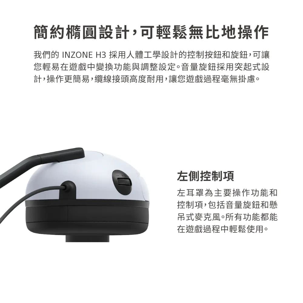 簡約橢圓設計,可輕鬆無比地操作我們的 INZONE H3 採用人體工學設計的控制按鈕和旋鈕,可讓您輕易在遊戲中變換功能與調整設定。音量旋鈕採用突起式設計,操作更簡易,纜線接頭高度耐用,讓您遊戲過程毫無掛慮。左側控制項左耳罩為主要操作功能和控制項,包括音量旋鈕和懸吊式麥克風。所有功能都能在遊戲過程中輕鬆使用。