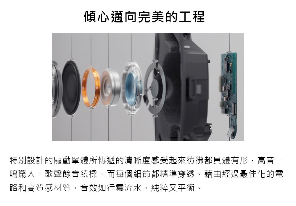 傾心邁向完美的工程特別設計的驅動單體所傳遞的清晰度感受起來彷彿都具體有形,高音一鳴驚人,歌聲餘音繞樑,而每個細節都精準穿透。藉由經過最佳化的電路和高質感材質,音效如行雲流水,純粹又平衡。