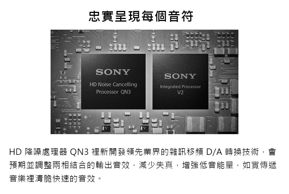 忠實呈現每個音符SONYSONYHD Noise CancellingIntegrated ProcessorProcessor V2HD 降噪處理器 QN3 裡新開發領先業界的雜訊移頻 D/A 轉換技術,會預期並調整兩相結合的輸出音效,減少失真,增強低音能量,如實傳遞音樂裡清脆快速的音效。