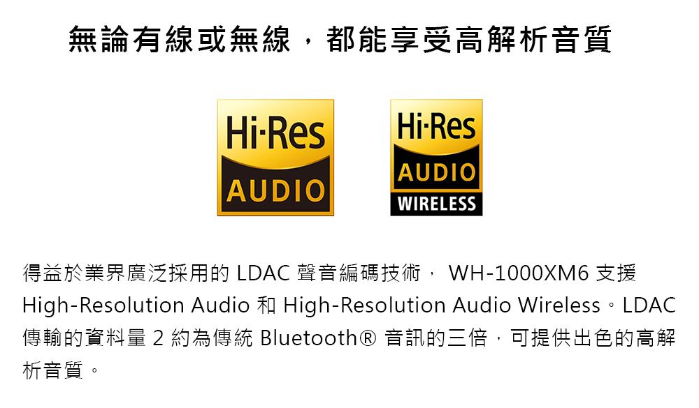 無論有線或無線,都能享受高解析音質HiResHiResAUDIOAUDIOWIRELESS得益於業界廣泛採用的 LDAC 聲音編碼技術, WH-1000XM6 支援High-Resolution Audio High-Resolution Audio Wireless 傳輸的資料2 約為傳統 Bluetooth® 音訊的三倍,可提供出色的高解析音質。