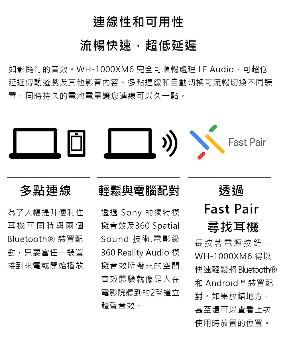 連線性和可用性流暢快速,超低延遲如影隨行的音效。WH-1000XM6 完全可順暢處理  Audio,可超低延遲傳輸遊戲及其他影音內容。多點連線和自動切換可流暢切換不同裝置,同時持久的電池電量讓您連線可以久一點。Fast Pair多點連線為了大幅提升便利性耳機可同時與兩個Bluetooth® 裝置配對,只要當任一裝置接到來電或開始播放輕鬆與電腦配對透過透過 Sony 的獨特模擬音效及360 SpatialSound 技術,電影級360 Reality Audio 模擬音效所帶來的空間音效體驗就像是人在電影院聽到的2聲道立體聲音效。Fast Pair尋找耳機長按著電源按鈕,WH-1000XM6 得以快速輕鬆將 Bluetooth®和 Android™ 裝置配對。如果放錯地方,甚至還可以查看上次使用時放置的位置。