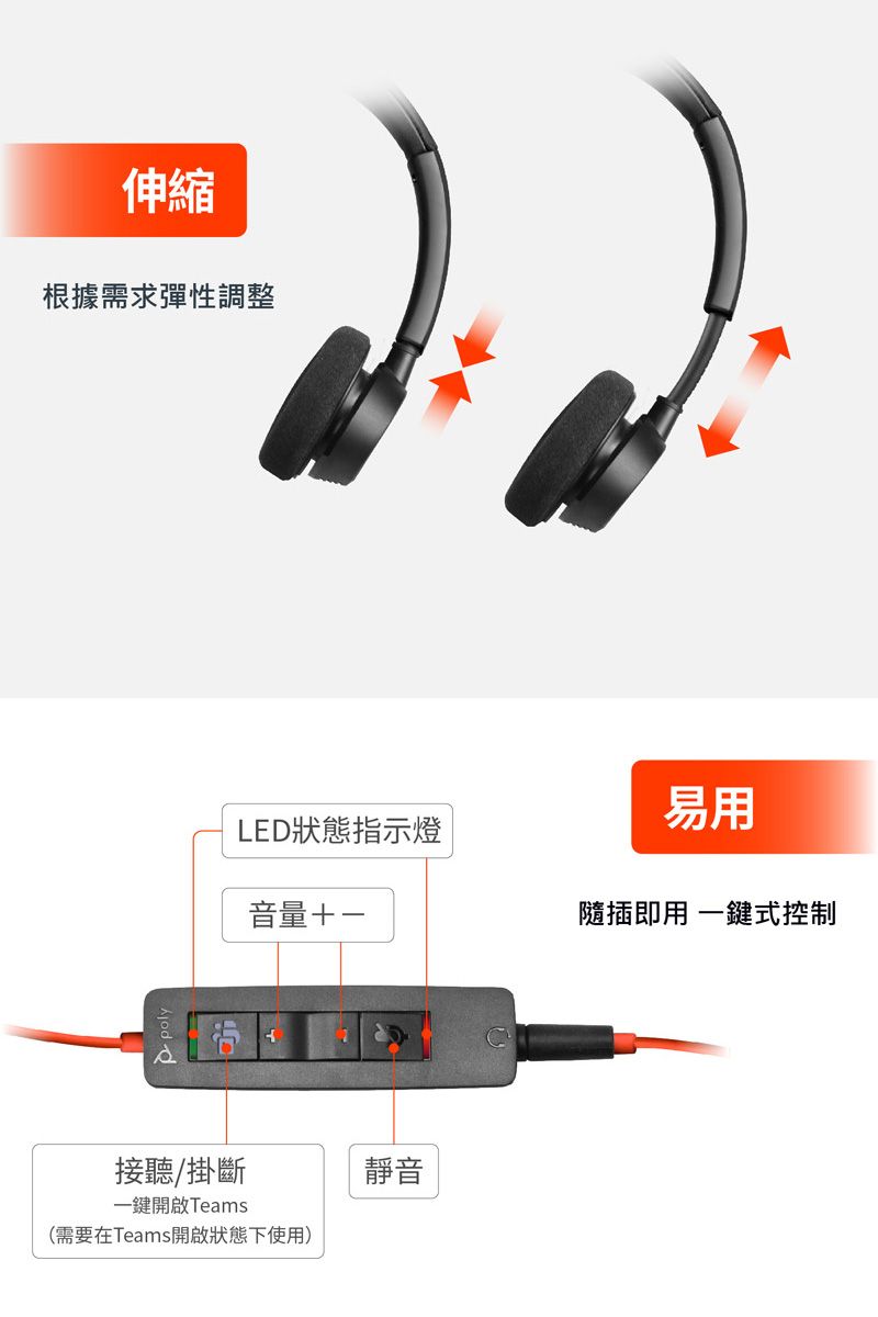 伸縮根據需求彈性調整LED狀態指示燈音量+接聽/掛斷一鍵開啟Teams(需要在Teams開啟狀態下使用)靜音易用隨插即用 一鍵式控制
