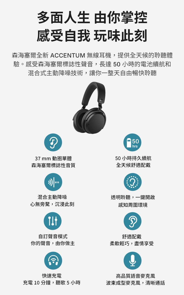 多面人生 由你掌控感受自我 玩味此刻森海塞爾全新 ACCENTUM 無線耳機,提供全天候的聆聽體驗。感受森海塞爾標誌性聲音,長達50小時的電池續航和混合式主動降噪技術,讓你一整天自由暢快聆聽37mm 動圈單體森海塞爾標誌性音質混合主動降噪心無旁騖,沉浸此刻50hrs50小時持久續航全天候舒適配戴透明聆聽,一鍵開啟感知周圍環境自訂聲音模式舒適配戴你的聲音,由你做主柔軟輕巧,盡情享受快速充電充電10分鐘,聽歌5小時高品質語音麥克風成型麥克風,清晰通話