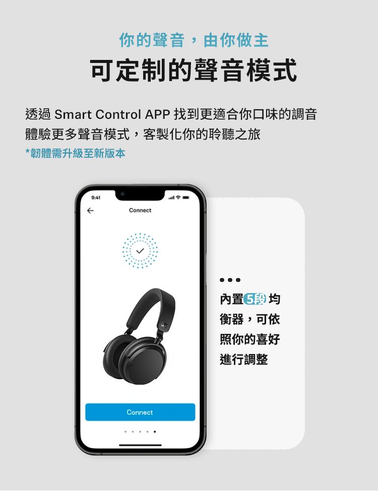 你的聲音,由你做主可定制的聲音模式透過 Smart Control APP 找到更適合你口味的調音體驗更多聲音模式,客製化你的聆聽之*韌體需升級至新版本9:41ConnectConnect內置均衡器,可依照你的喜好進行調整