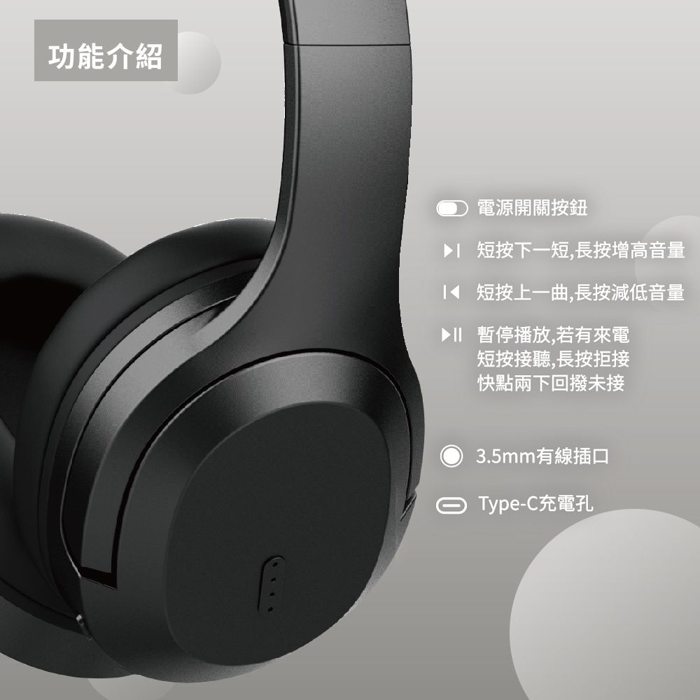 功能介紹電源開關按鈕 短按下一短,長按增高音量 短按上一曲,長按減低音量▶II 暫停播放,若有來電短按接聽,長按拒接快點兩下回撥未接3.5mm有線插口Type-C充電孔