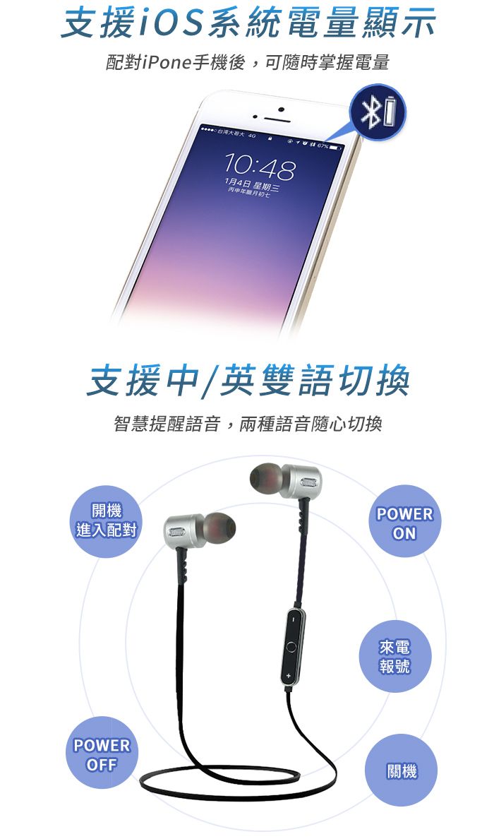 支援iOS系統電量顯示配對iPone手機後,可隨時掌握電量67% 10:481月4日 星期三丙申年臘月支援中/英雙語切換智慧提醒語音,兩種語音隨心切換開機進入配對POWERON來電報號POWEROFF關機