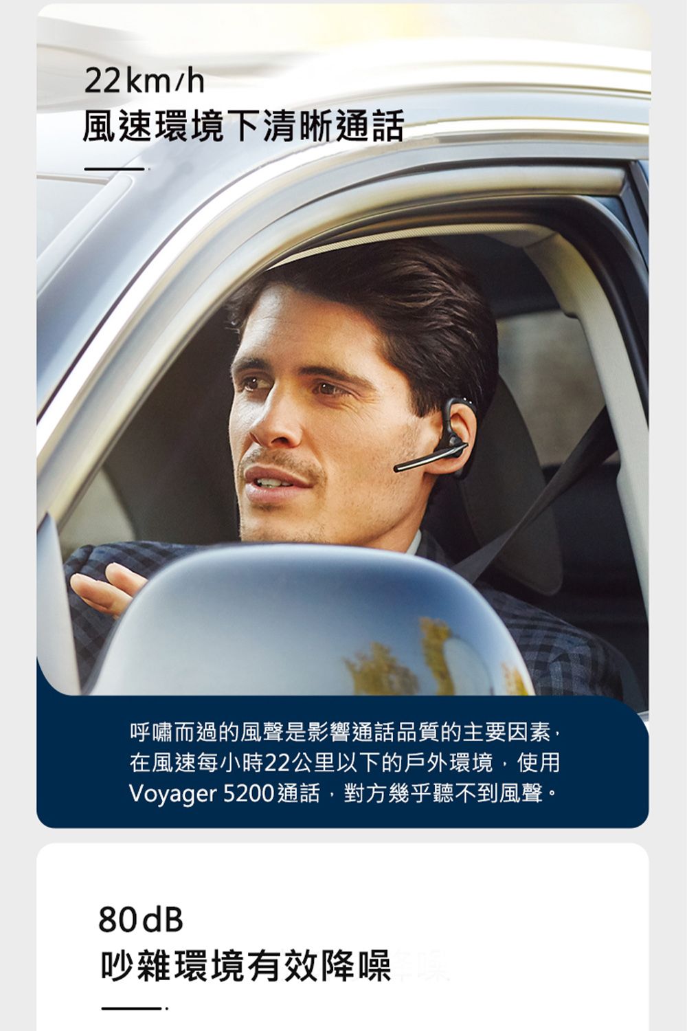 22 km/h風速環境下清晰通話呼嘯而過的風聲是影響通話品質的主要因素在風速每小時22公里以下的戶外環境,使用Voyager 5200通話,對方幾乎聽不到風聲。80dB吵雜環境有效降噪