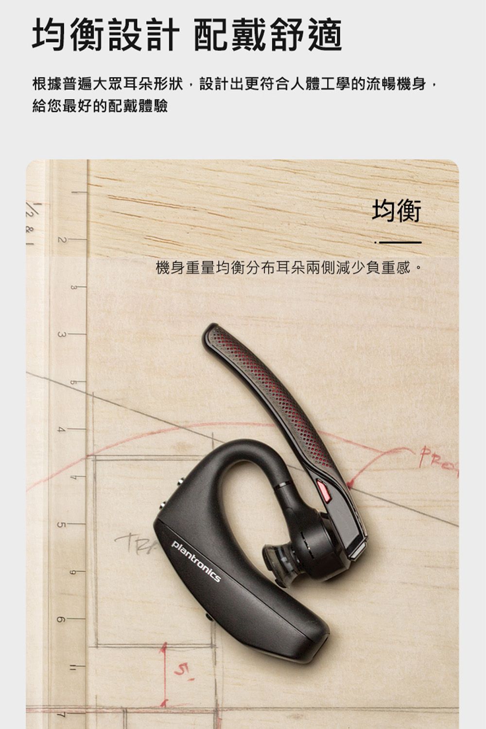 均衡設計 配戴舒適根據普遍大眾耳朵形狀,設計出更符合人體工學的流暢機身,給您最好的配戴體驗  23均衡機身重量均衡分布耳朵兩側減少負重感。6plantronics