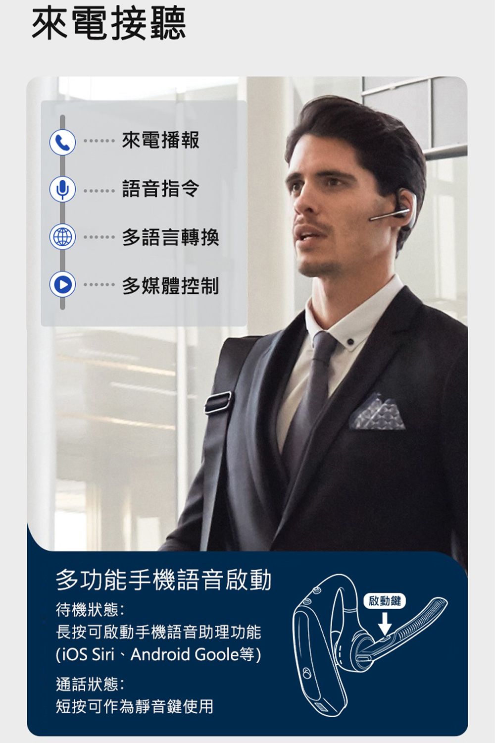 來電接聽來電播報語音指令多語言轉換多媒體控制多功能手機語音啟動待機狀態:啟動鍵長按可啟動手機語音助理功能(iOS Siri、Android Goole等)通話狀態:短按可作為靜音鍵使用