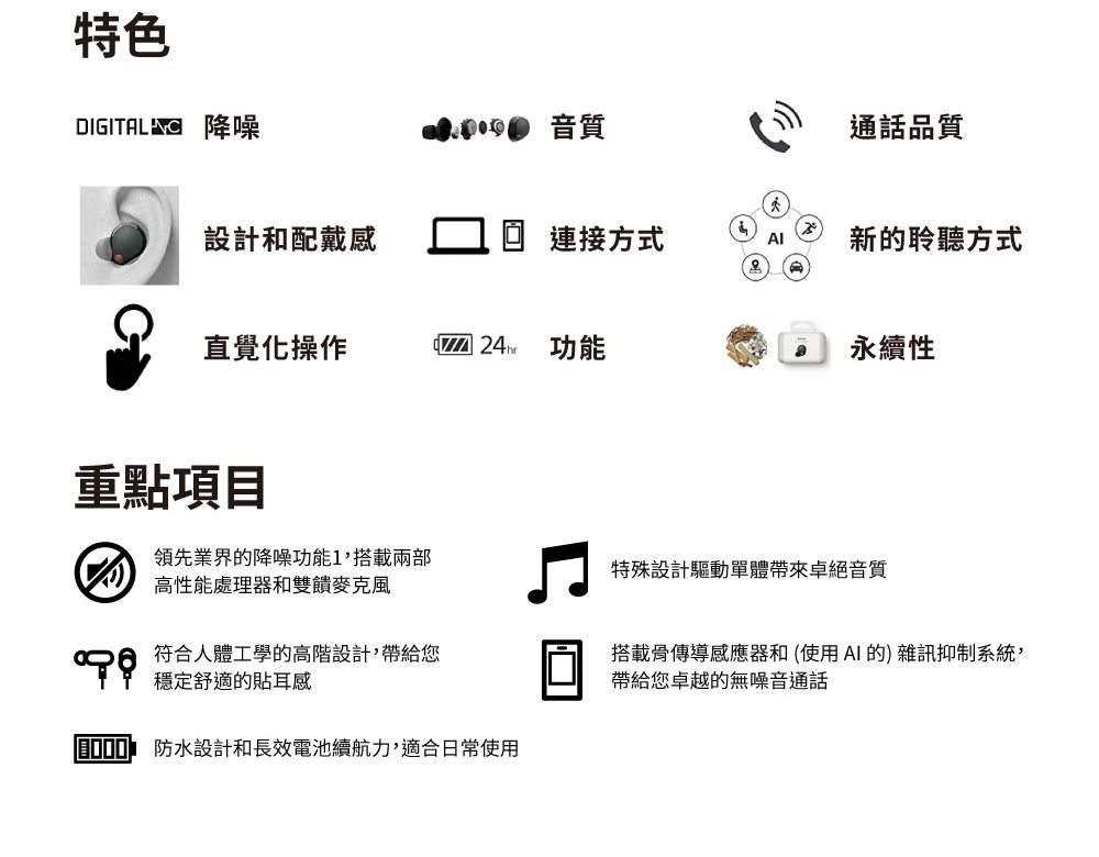 特色 降噪音質通話品質設計和配戴感 連接方式新聆聽方式直覺化操作 24 功能永續性重點項目領先業界的降噪功能1搭載高性能處理器和雙饋麥克風特殊設計驅動單體帶來卓絕音質符合人體工學的高階設計,帶給您穩定舒適的貼耳感 防水設計和長效電池續航力,適合日常使用搭載骨傳導感應器和(使用AI的) 雜訊抑制系統,帶給您卓越的無噪音通話