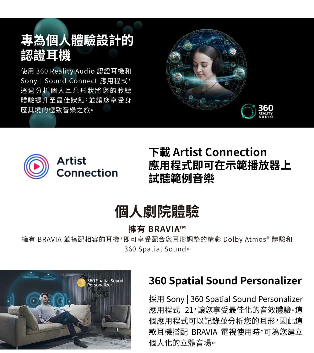 專為個人體驗設計的認證耳機使用 360 Reality Audio 認證耳機和Sony | Sound onnect 應用程式透過分析個人耳朵形狀將您的聆聽體驗提升至最佳狀態並讓您享受身歷其境的極致音樂之旅。360REALITYAUDIO下載 Artist ConnectionArtistConnection應用程式即可在示範播放器上試聽範例音樂個人劇院體驗擁有 BRAVIATM擁有 BRAVIA 並搭配相容的耳機,即可享受配合您耳形調整的精彩 Dolby Atmos® 體驗和360 Spatial Sound。 C 360 Spatial SoundPersonalizer360 Spatial Sound Personalizer採用 Sony | 360 Spatial Sound Personalizer應用程式 21,讓您享受最佳化的音效體驗。這個應用程式可以記錄並分析您的耳形,因此這款耳機搭配 BRAVIA 電視使用時,可為您建立個人化的立體音場。