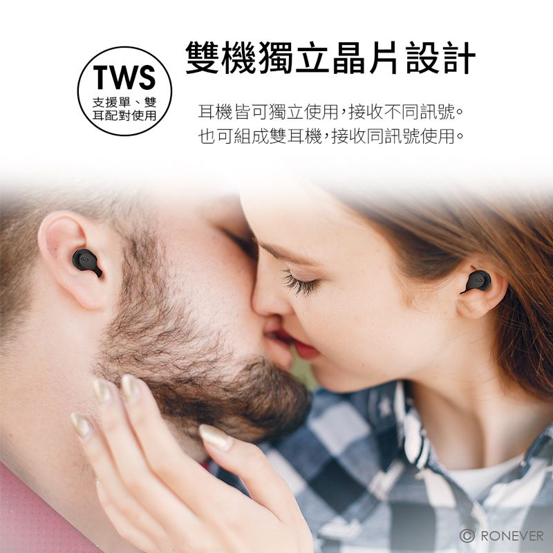 TWS支援單、雙耳配對使用雙機獨立晶片設計耳機皆可獨立使用,接收不同訊號。也可組成雙耳機,接收同訊號使用。