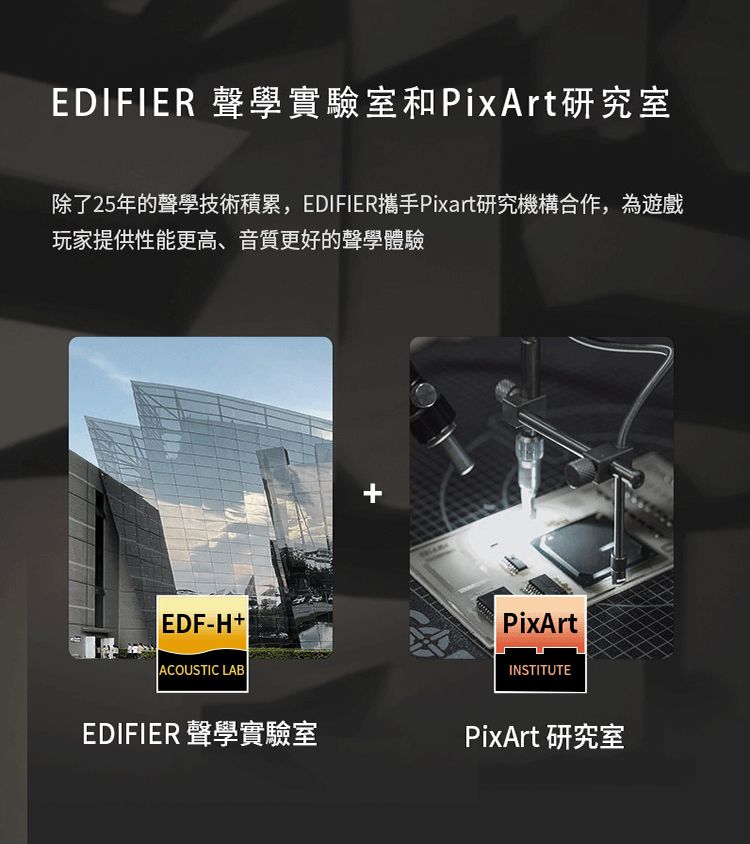 EDIFIER 聲學實驗室和PixArt研究室除了25年的聲學技術積累,EDIFIER攜手Pixart研究機構合作,為遊戲玩家提供性能更高、音質更好的聲學體驗EDF-H+ACOUSTIC LAB+PixArtINSTITUTEEDIFIER 聲學實驗室PixArt 研究室