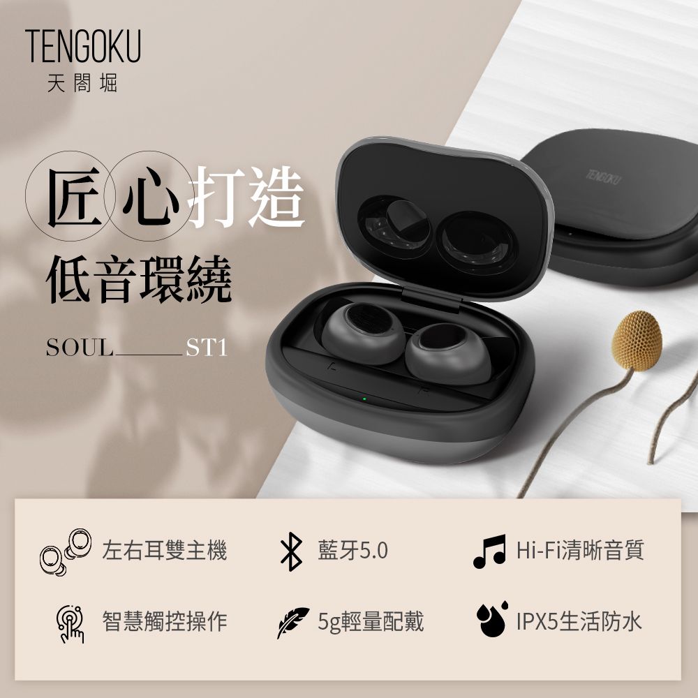  【TENGOKU天閤堀】SOUL ST1匠心低音環繞真無線藍牙耳機(全觸控式操作/藍牙5.0/主從自動切換/IPX5防水/支援語音助理)