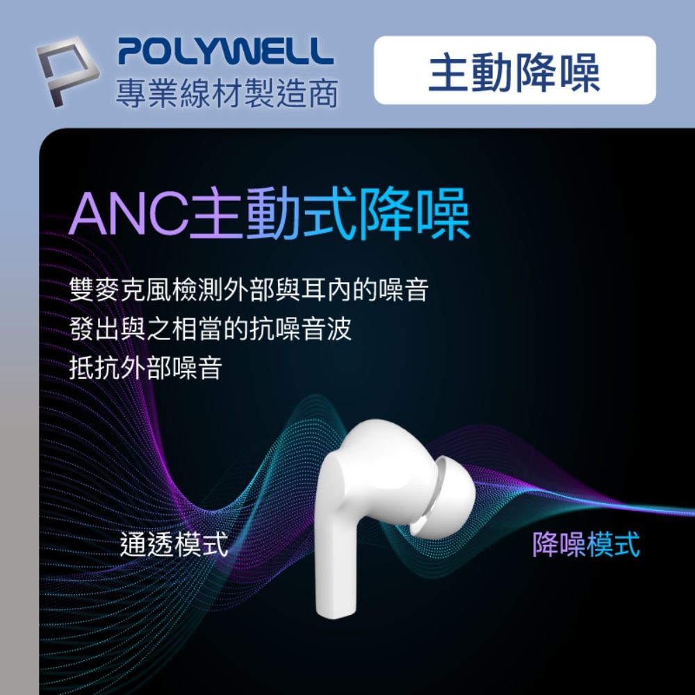 POLYWELL 寶利威爾 真無線藍牙主動式降噪耳機