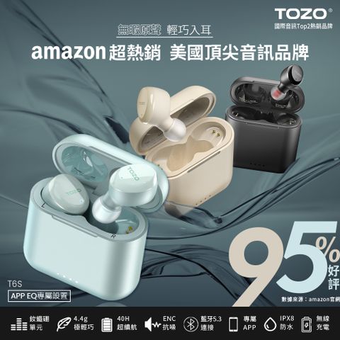 【TOZO】T6S降噪輕巧真無線藍牙耳機(專屬APP/通話降噪/無線充電/防水IPX8)-冰川藍