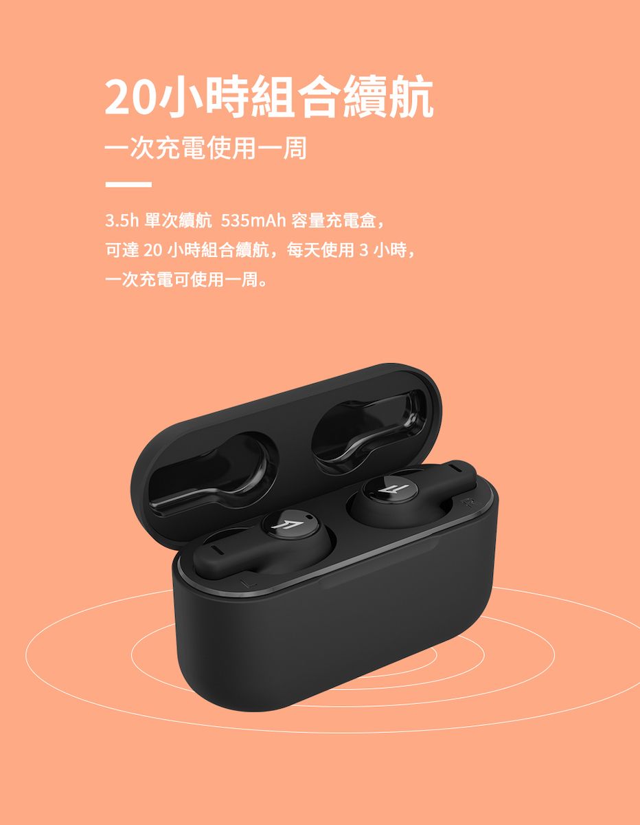 20小時組合續航一次充電使用一周3.5h 單次續航 535mAh 容量充電盒,可達20 小時組合續航,每天使用3小時,一次充電可使用一周。