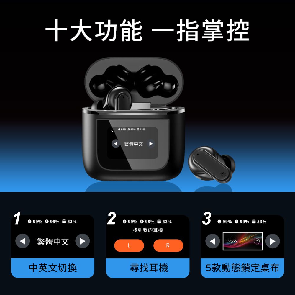 十大功能 一指掌控 99  99% 53%繁體中文199% 99% 53%299% 99% 53%找到我的耳機399% 99% 53%L繁體中文中英文切換尋找耳機5款動態鎖定桌布R