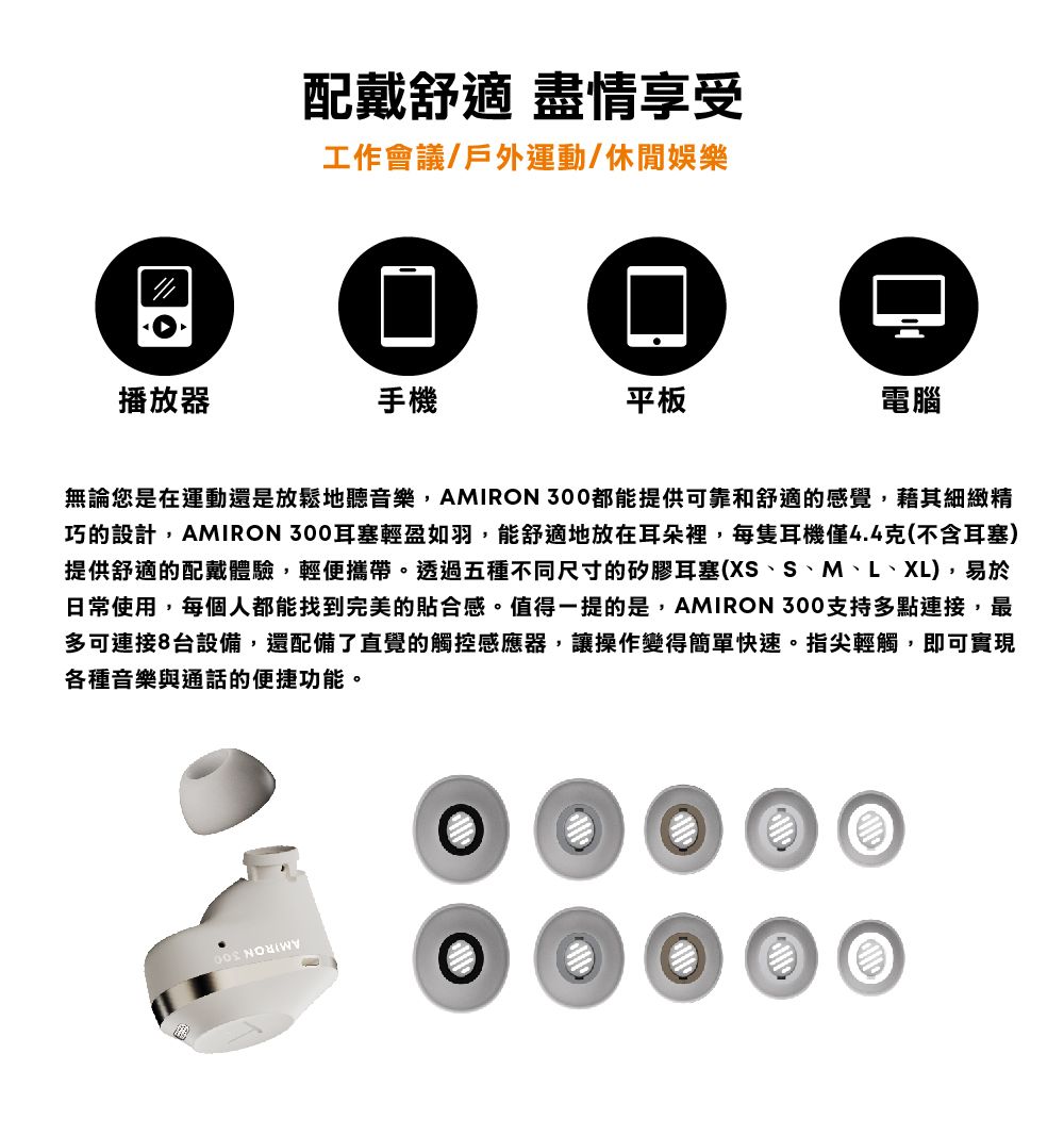 播放器配戴舒適 盡情享受工作會議/戶外運動/休閒娛樂手機平板電腦無論您是在運動還是放鬆地聽音樂AMIRON 300都能提供可靠和舒適的感覺,藉其細緻精巧的設計,AMIRON 300耳塞輕盈如羽,能舒適地放在耳朵裡,每隻耳機僅4.4克(不含耳塞)提供舒適的配戴體驗,輕便攜帶。透過五種不同尺寸的矽膠耳塞(XS、S、M、L、XL),易於日常使用,每個人都能找到完美的貼合感。值得一提的是,AMIRON 300支持多點連接,最多可連接8台設備,還配備了直覺的觸控感應器,讓操作變得簡單快速。指尖輕觸,即可實現各種音樂與通話的便捷功能。