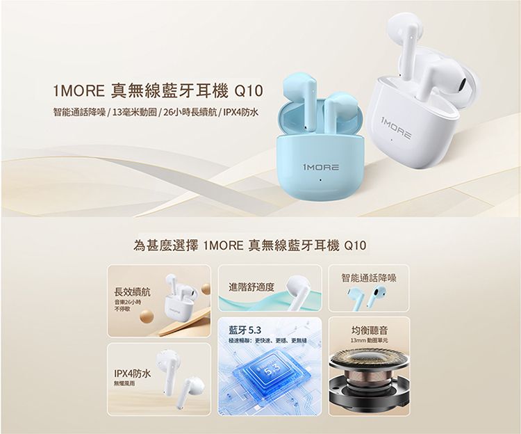 真線藍牙耳機 Q10智能通話/13毫米圈/小時長續航/IPX4防水1MORE為甚麼選擇1MORE 真線藍牙耳機 Q10長效續航音樂26小時不停IPX4防水無進階舒適度智能通話降噪藍牙5.3均衡聽音更快速、更、更無13mm 動圈單元5.3