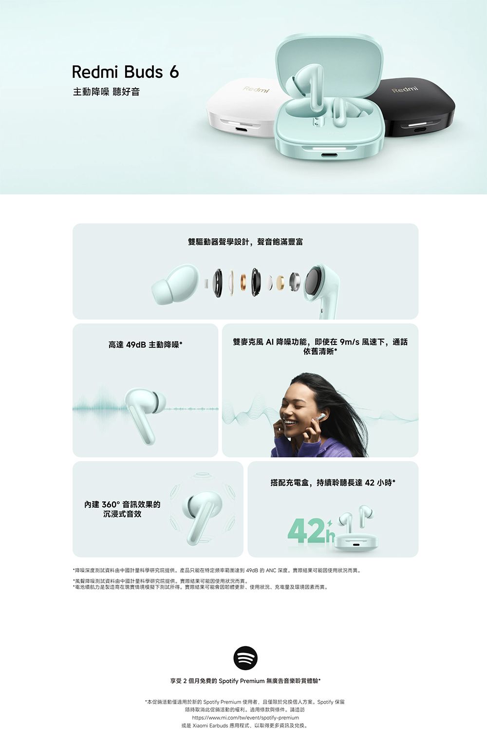 Redmi Buds 6主動降噪 聽好音Redmi雙驅動器聲學設計,聲音飽滿豐富Redmi高達49dB 主動降噪*雙麥克風 AI 降噪功能,即使在9m/s 風速下,通話依舊清晰*搭配盒,持續聆聽長達42小時*內建360°音訊效果的沉浸式音效*降噪深度測試資料由中國計科學研究院提供。產品只能在特定頻率範圍達到 49dB 的 ANC 深度。實際結果可能因使用狀況而異。*風聲降噪測試資料由中國計量科學研究院提供。實際結果可能因使用狀況而異。*電池續航力是製造商在現實情境模擬下測試所得。實際結果可能會因韌體更新使用狀況、充電量及環境因素而異。享受2個月的 Spotify Premium 無廣告音樂聆賞體驗**本促銷僅適用於新的 Spotify Premium 使用者,且僅限於兌換個人方案。Spotify 保留隨時取消促銷活動的權利。適用條款與條件。請造訪https://wwww.mi.com/tw/event/spotify-premium或是 Xiaomi Earbuds 應用程式,以取得更多資訊及兌换。