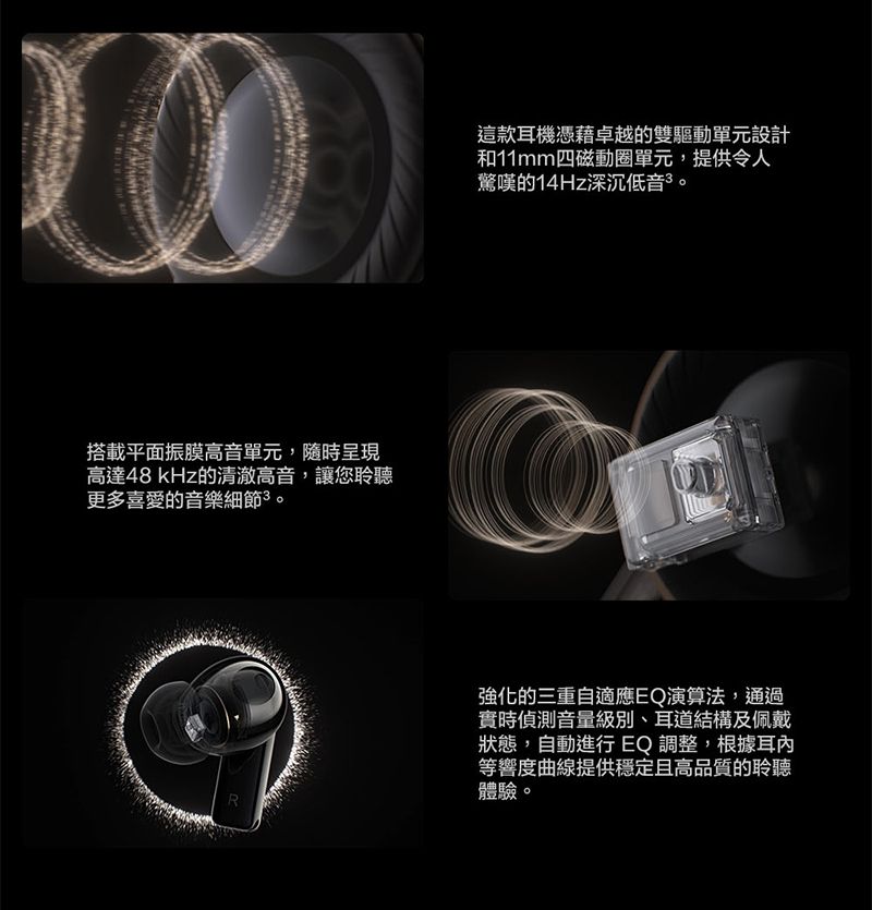 搭載平面振膜高音單元,隨時呈現高達48kHz的清澈高音,讓您聆聽更多喜愛的音樂細節。這款耳機憑藉卓越的雙驅動單元設計和11mm四磁動圈單元,提供令人驚嘆的14Hz深沉低音。R強化的三重自適應EQ演算法,通過實時偵測音量級別、耳道結構及佩戴狀態,自動進行EQ調整,根據耳內等響度曲線提供穩定且高品質的聆聽體驗。