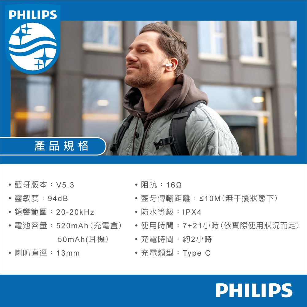 PHILIPS產品規格藍牙版本:V53阻抗:靈敏度:94dB藍牙傳輸距離:≤10M(無干擾狀態下)頻響範圍:20-20kHz.防水等級:IPX4電池容量:520mAh(充電盒)使用時間:7+21小時(依實際使用狀況而定)50mAh(耳機)喇叭直徑:13mm 充電時間:約2小時充電類型:Type CPHILIPS