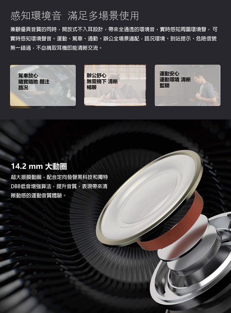 感知環境音 滿足多場景使用兼顧優異音質的同時開放式不入耳設計帶來全通透的環境音實時感知周圍環境聲,可實時感知環境聲音。運動、駕車、通勤、辦公全場景適配,環境、到站提示、危險信號無一錯過,不必摘取耳機即能清晰交流。駕車放心辦公舒心運動安心隨實隨地 關注路况無需摘下 清晰暢聊運動環境 清晰監聽14.2mm 大動圈超大振膜動圈,配合定向發聲黑科技和獨特DBB低音增強算法,提升音質,表現帶來清晰動感的運動音質體驗。