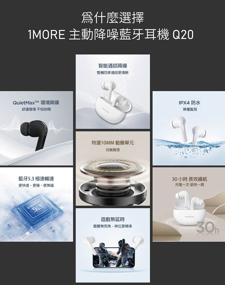 爲什麼選擇1 主動降噪藍牙耳機 Q20 環境降噪舒適環境 不怕吵鬧藍牙5.3 極速暢連更快速、更、更無縫5.3智能通話降噪整機四麥通話更清晰MORE特選10MM 動圈單元均衡聽感遊戲無延時聽聲無死角辨位更精準IPX4 防水無懼風雨30小時長效續航充電一次使用