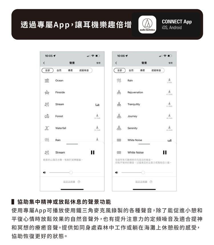 透過專屬讓耳機樂趣倍增audiotechnicaCONNECT App, Android0:05 10:06 1聲景管理聲景管理全部自然遮蔽吸音全部自然 遮蔽OceanFiresideStreamForest WaterfallRainRainRejuvenationTranquilityJourney&Serenity White NoiseStreamWhite Noise,混合的噪音抑制不愉快的聲音,以提高的或您。設定 設定  協助集中精神或放鬆休息的聲景功能使用專屬App可播放使用鐵三角麥克風錄製的各種聲音,除了能促進小憩和平復心情時放鬆效果的自然音聲外,也有提升注意力的定頻噪音及適合提神和冥想的療癒音聲。提供如同身處森林中工作或躺在海灘上休憩般的感受,協助恢復更好的狀態。