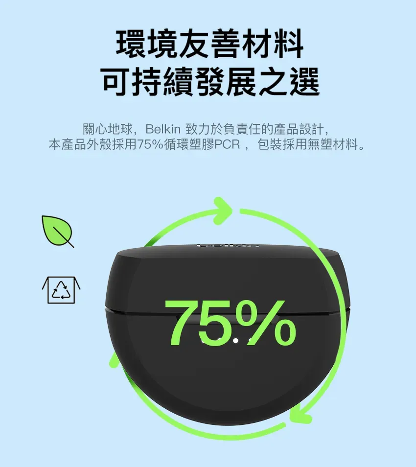 環境友善材料可持續發展之選關心地球,Belkin 致力於負責任的產品設計,本產品外殼採用75%循環塑膠PCR,包裝採用無塑材料。A75%