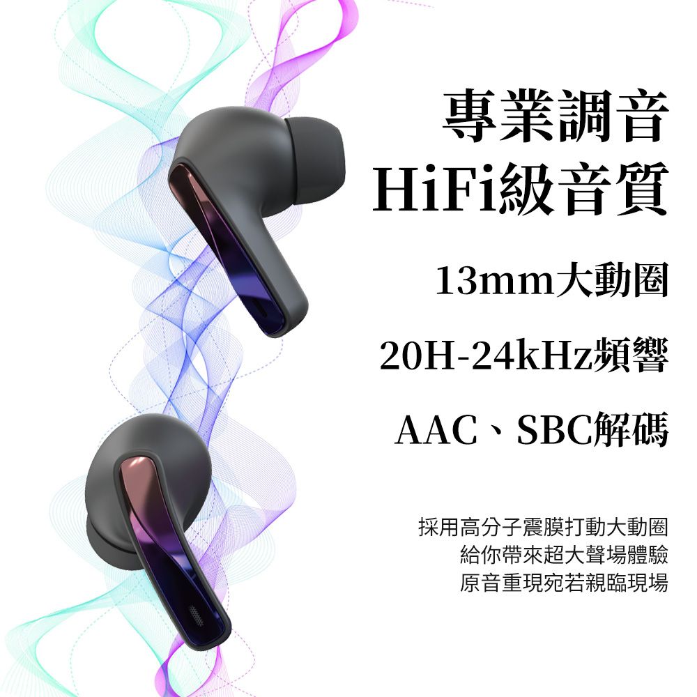 專業調音HiFi級音質13mm大動圈20H-24kHz頻響AAC、SBC解碼採用高分子震膜打動大動圈給你帶來超大聲場體驗原音重現宛若親臨現場