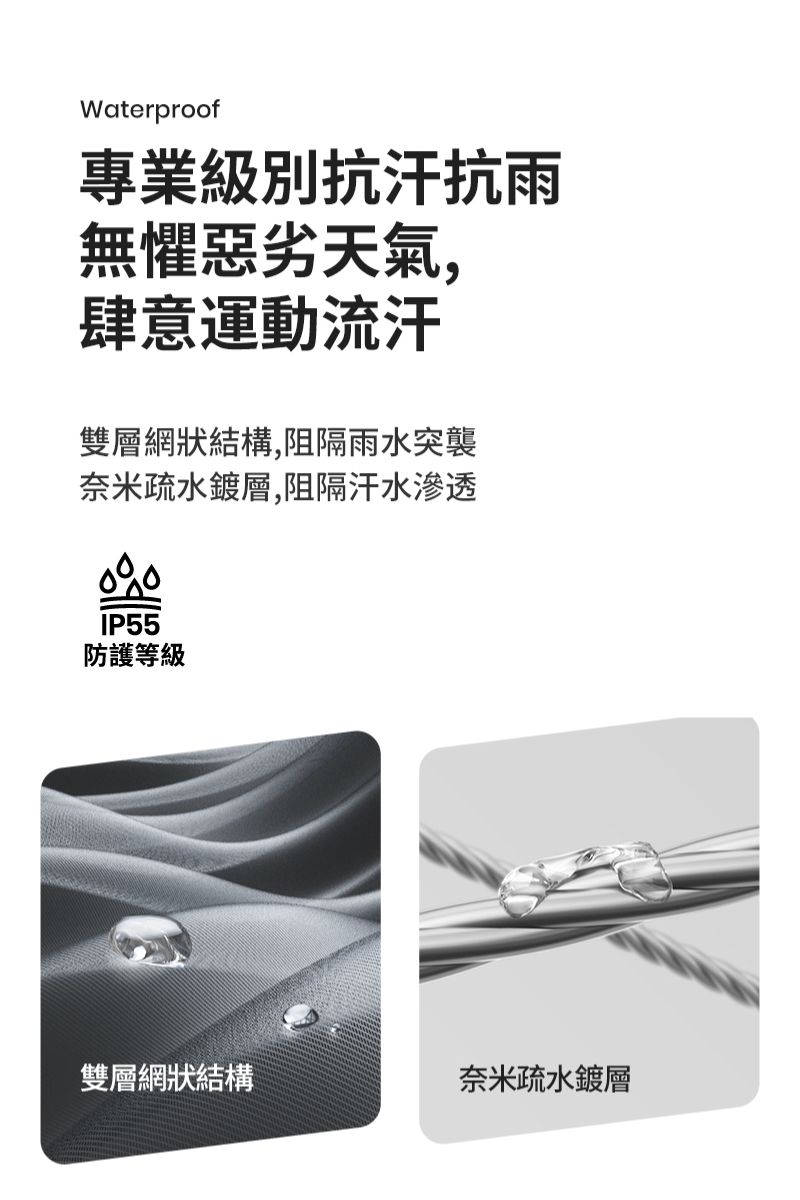 Waterproof專業級別抗汗抗雨無懼惡劣天氣,肆意運動流汗雙層網狀結構,阻隔雨水突襲奈米疏水鍍層,阻隔汗水滲透IP55防護等級雙層網狀結構奈米疏水鍍層