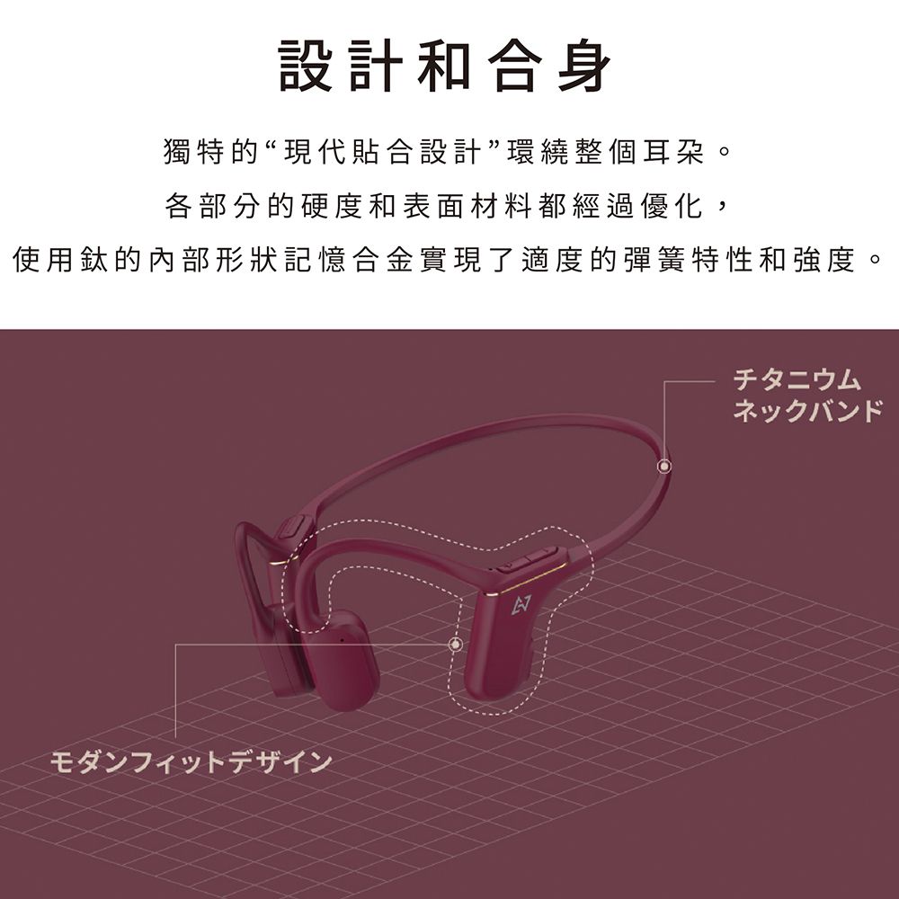 設計和合身獨特的“現代貼合設計環繞整個耳朶。各部分的硬度和表面材料都經過優化,使用鈦的內部形狀記憶合金實現了適度的彈簧特性和強度。モダンフィットデザインチタニウムネックバンド