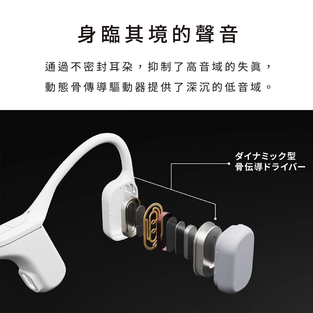 身臨其境的聲音通過不密封耳朶,抑制了高音域的,動態骨傳導驅動器提供了深沉的低音域。ダナミック型骨イ