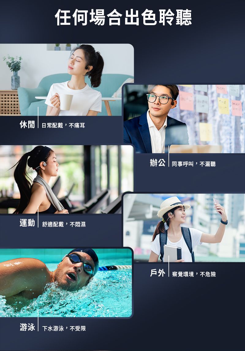 任何場合出色聆聽休閒日常配戴,不痛耳運動舒適配戴,不悶濕游泳下水游泳,不受限辦公同事呼叫,不漏聽戶外| 察覺環境,不危險