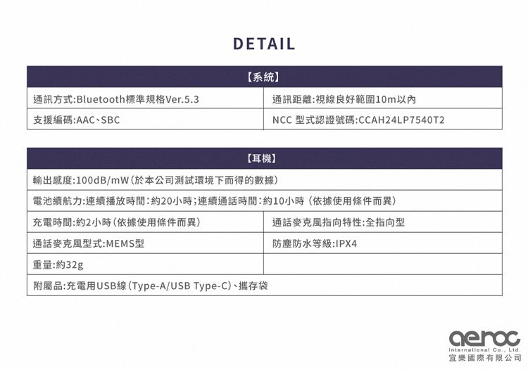 通訊方式:Bluetooth標準規格Ver.5.3支援編碼:AAC、SBCDETAIL【系統】【耳機】通訊距離:視線良好範圍10m以內NCC 型式認證號碼:CCAH24LP7540T2輸出感度:100dB/mW(於本公司測試環境下而得的數據)電池續航力:連續播放時間:約20小時;連續通話時間:約10小時(依據使用條件而異)充電時間:約2小時(依據使用條件而異)通話麥克風型式:MEMS型重量:約32g附屬品:充電用USB線(Type-A/USB Type-C)、攜存袋通話麥克風指向特性:全指向型防塵防水等級:IPX4International  Ltd.宜樂國際有限公司
