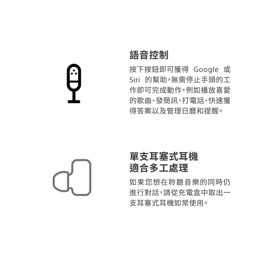 語音控制按下按鈕即可獲得 Google 或Siri 的幫助,無需停止手頭的工作即可完成動作,例如播放喜愛的歌曲、發簡訊、打電話、快速獲得答案以及管理日曆和提醒。單支耳塞式耳機適合多工處理如果您想在聆聽音樂的同時仍進行對話,請從充電盒中取出一支耳塞式耳機如常使用。