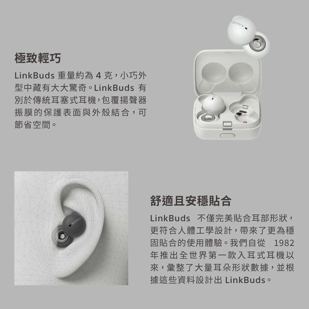 極致輕巧LinkBuds 重量約為4克,小巧外型中藏有大大驚奇LinkBuds 有別於傳統耳塞式耳機,包覆揚聲器振膜的保護表面與外殼結合,可節省空間。SONY舒適且安穩貼合LinkBuds 不僅完美貼合耳部形狀,更符合人體工學設計,帶來了更為穩固貼合的使用體驗。我們自從1982年推出第一款入耳式耳機以來,彙整了大量耳朵形狀數據,並根據這些資料設計出 LinkBuds。