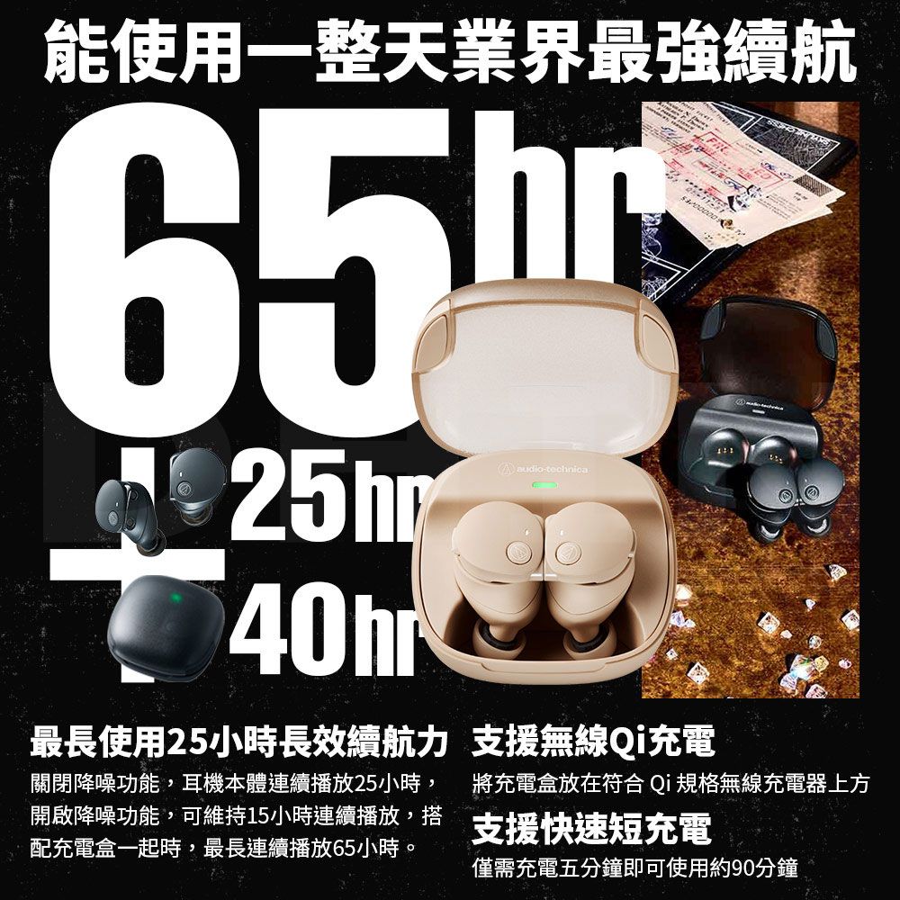 能使用一整天業界最強續航-technica最長使用25小時長效續航力 支援無線Qi充電關閉降噪功能,耳機本體連續播放25小時,開啟降噪功能,可維持15小時連續播放,搭配充電盒一起時,最長連續播放65小時。將充電盒放在符合 Qi 規格無線充電器上方支援快速短充電僅需充電五分鐘即可使用約90分鐘