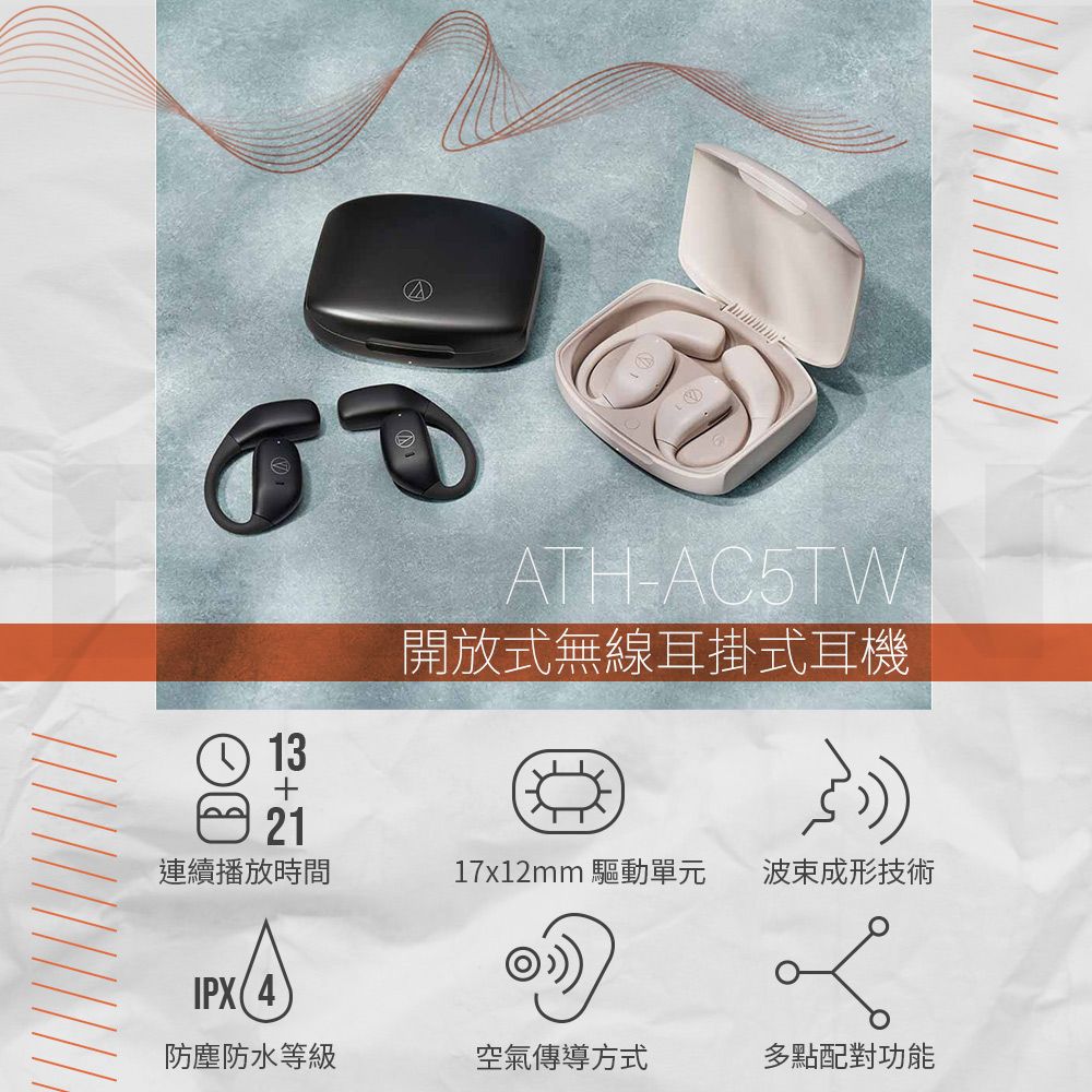 13ATH-AC5TW開放式無線耳掛式耳機21連續播放時間17x12mm 驅動單元 成形技術IPX(4防塵防水等級空氣傳導方式多點配對功能