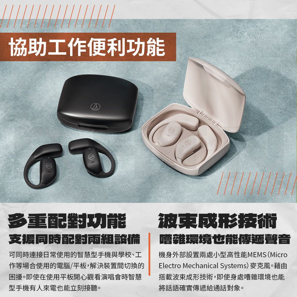 協助工作便利功能多重配對功能支援同時配對兩組設備可同時連接日常使用的智慧型手機與學校、工作等場合使用的電腦/平板,解決裝置間切換的困擾即使在使用平板開心觀看演唱會時智慧型手機有人來電也能刻接聽。立成形技術嘈雜環境也能傳遞聲音機身外部設置兩處小型高性能MEMS(MicroElectro Mechanical Systems) 麥克風。藉由搭載波束成形技術,即使身處嘈雜環境也能將話語確實傳遞給通話對象。