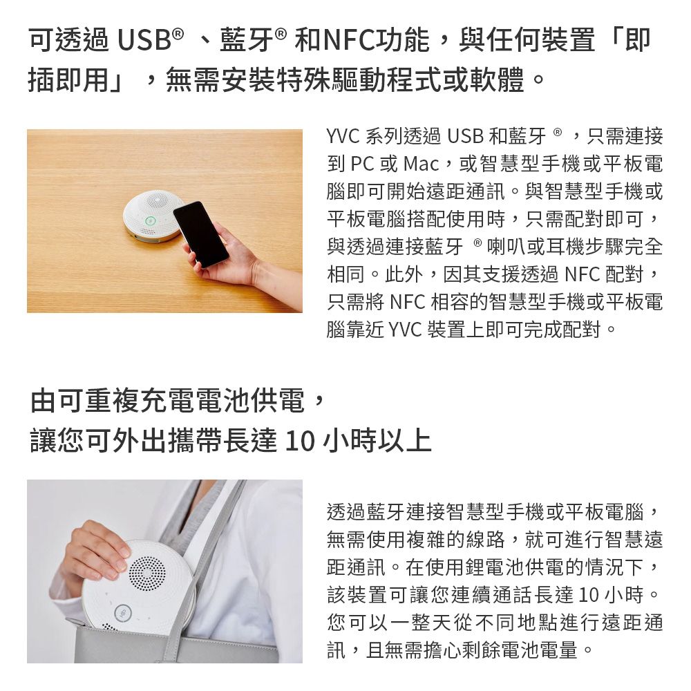 可透過USB®、藍牙 ® 和NFC功能,與任何裝置「即插即用」,無需安裝特殊驅動程式或軟體。由可重複充電電池供電,YVC系列透過USB和藍牙  ,只需連接到 PC或Mac,或智慧型手機或平板電腦即可開始遠距通訊。與智慧型手機或平板電腦搭配使用時,只需配對即可,與透過連接藍牙喇叭或耳機步驟完全相同。此外,因其支援透過NFC 配對,只需 NFC 相容的智慧型手機或平板電腦靠近 YVC 裝置上即可完成配對。讓您可外出攜帶長達10小時以上透過藍牙連接智慧型手機或平板電腦,無需使用複雜的線路,就可進行智慧遠距通訊。在使用鋰電池供電的情況下,該裝置可讓您連續通話長達10小時。您可以一整天從不同地點進行遠距通訊,且無需擔心剩餘電池電量。