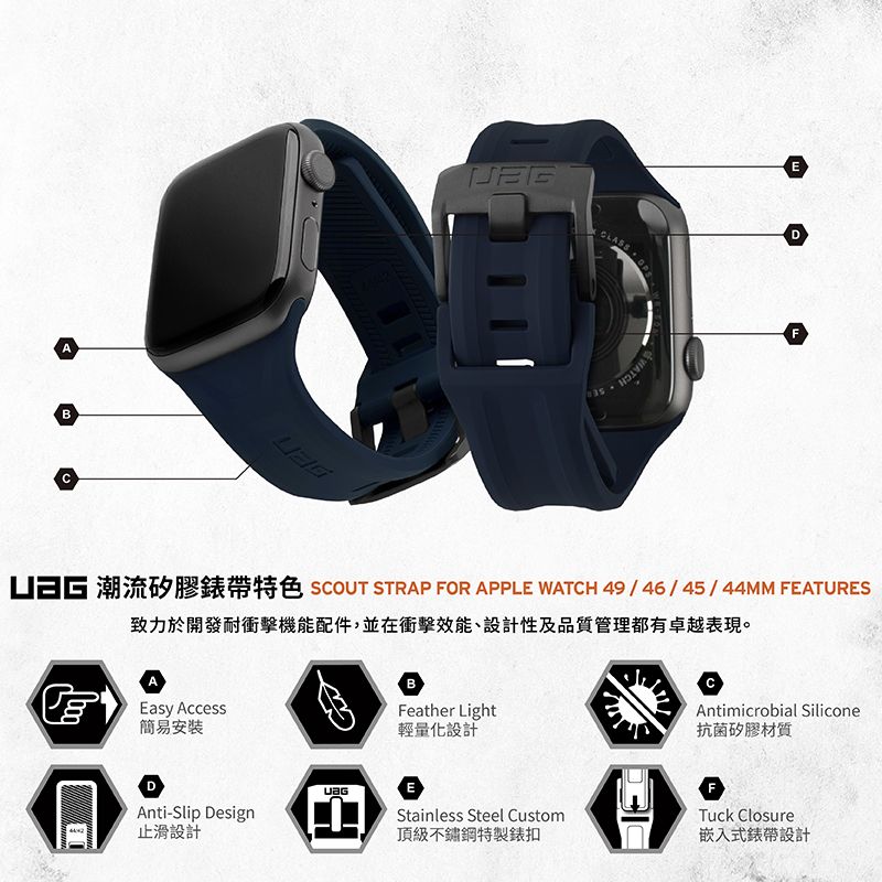 BLASSEF 潮流矽膠錶帶特色 SCOUT STRAP FOR APPLE WATCH 49/46/45/44MM FEATURES致力於開發耐衝擊機能配件,並在衝擊效能、設計性及品質管理都有卓越表現。Easy Access簡易安裝BFeather Light輕量化設計CAntimicrobial Silicone抗菌矽膠材質Stainless Steel Custom頂級不鏽鋼特製錶扣FTuck Closure嵌入式錶帶設計DEAnti-Slip Design設計