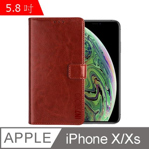 PU IN7 瘋馬紋 iPhone X/XS (5.8吋) 錢包式 磁扣側掀皮套 吊飾孔 手機皮套保護殼-棕色