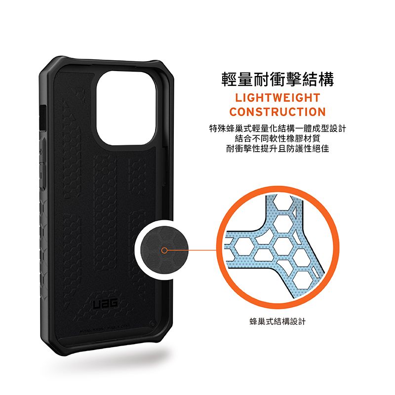 輕量耐衝擊結構LIGHTWEIGHTCONSTRUCTION特殊蜂巢式輕量化結構一體成型設計結合不同軟性橡膠材質耐衝擊性提升且防護性絕佳蜂巢式結構設計
