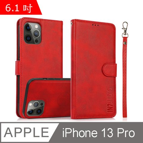 PU IN7 小牛紋 iPhone 13 Pro (6.1吋) 錢包背蓋二合一 磁扣側掀皮套-紅色